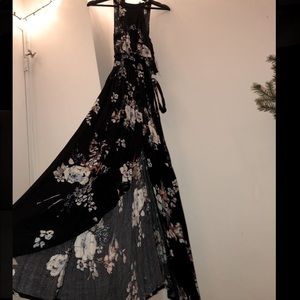 Black floral long flowy dress.